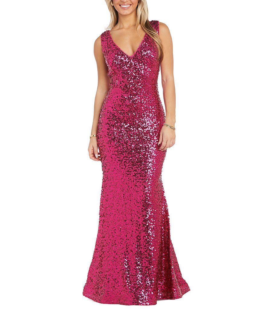 Длинное платье без рукавов с V-образным вырезом и пайетками Morgan & Co., розовый