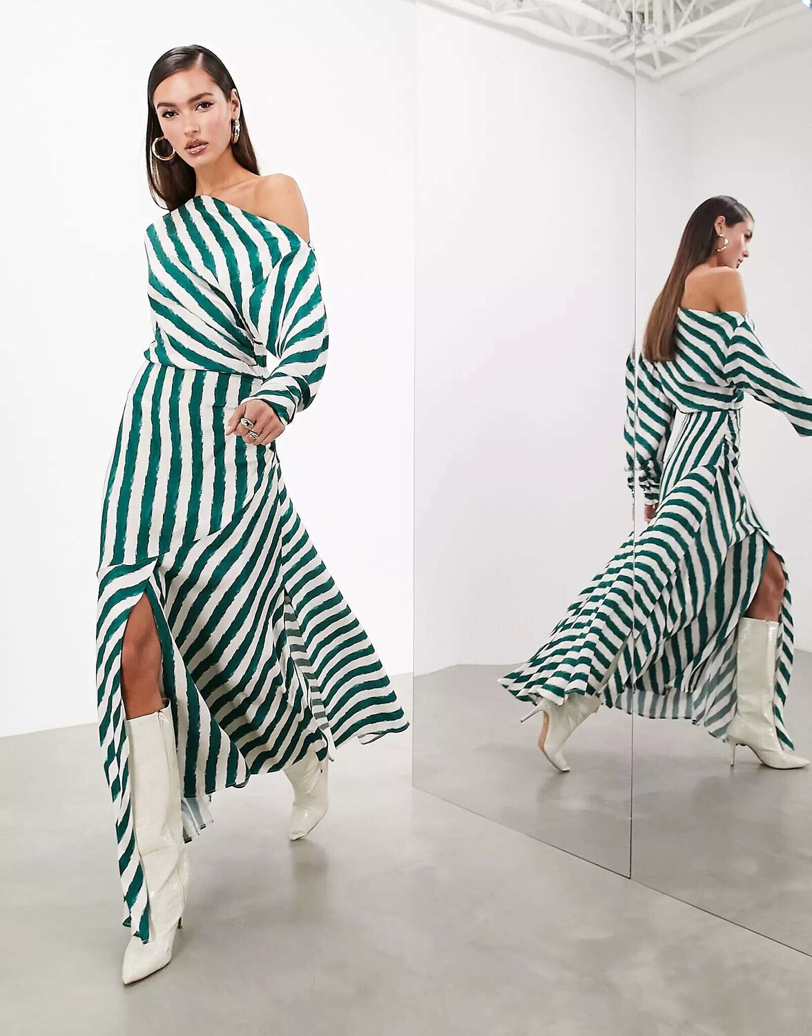 

Платье мидакси с приспущенными плечами ASOS в зеленую полоску