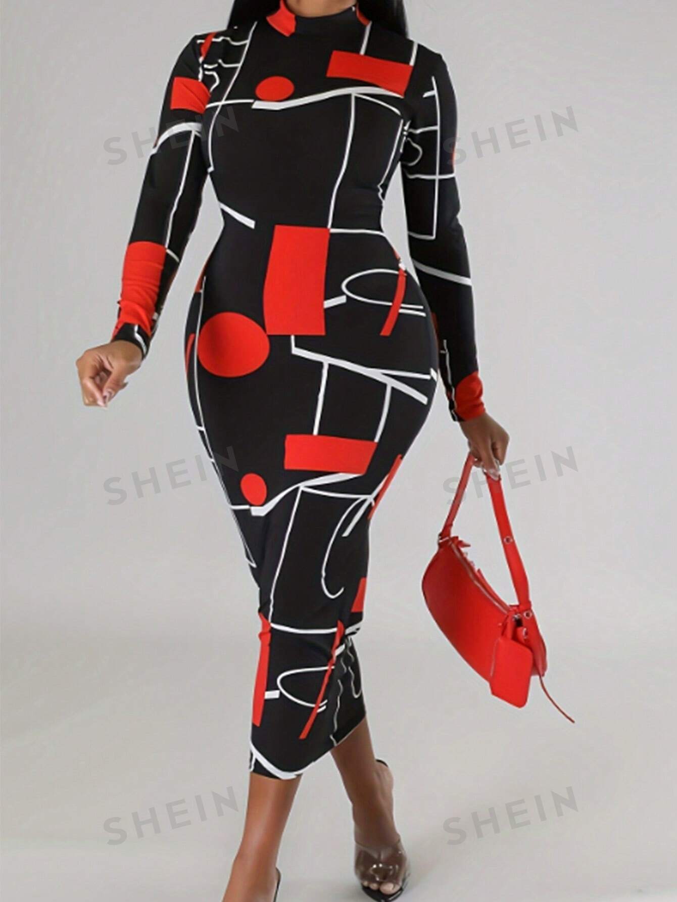 цена SHEIN Lady Женское облегающее платье с воротником-стойкой и произвольным принтом, красный и черный