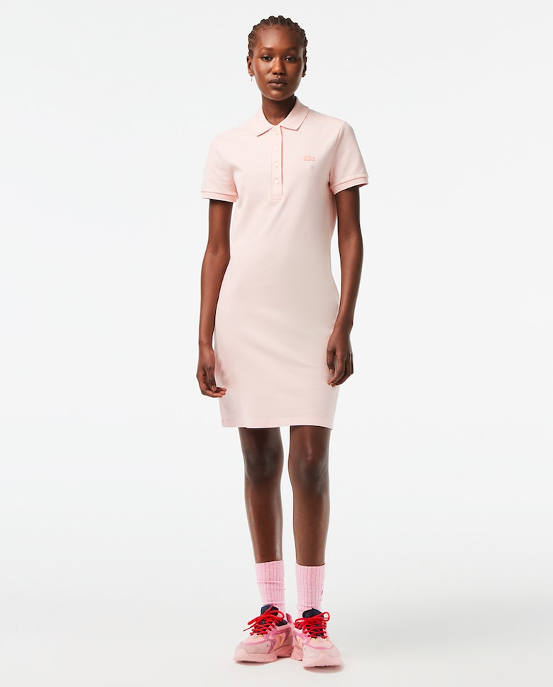 Платье-поло из хлопкового пике стрейч, с короткими рукавами и воротником-поло в рубчик с четырьмя пуговицами Lacoste, розовый поло из пике big