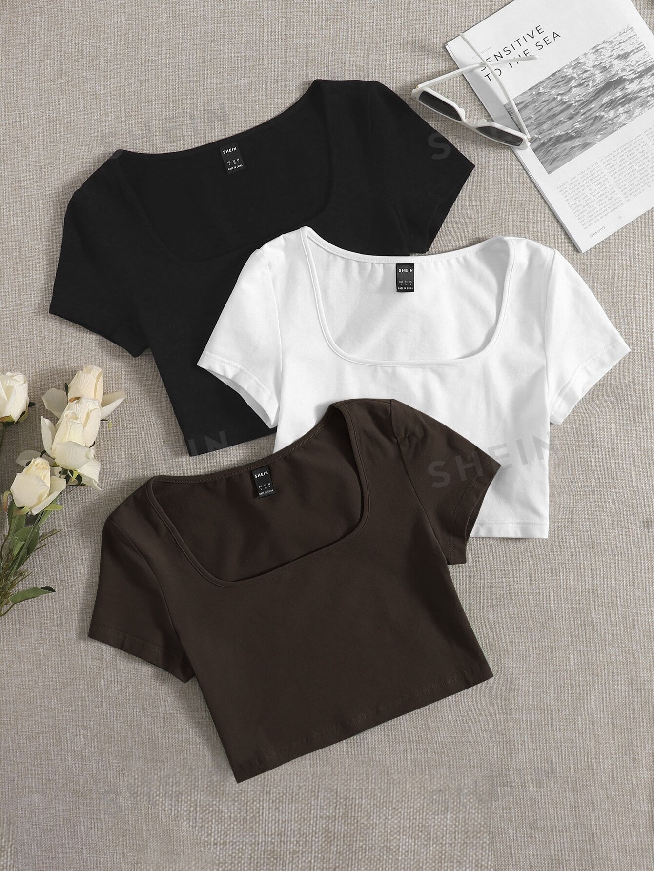 цена SHEIN EZwear 3 шт. однотонная приталенная футболка с круглым вырезом и короткими рукавами, многоцветный