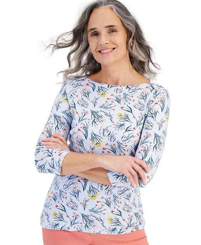 

Миниатюрный топ с вырезом лодочкой и рукавами 3/4 Style & Co, синий