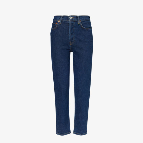 синие джинсовые брюки re done Узкие джинсы с высокой посадкой и нашивкой в стиле 90-х годов Re/Done, цвет dark rinse