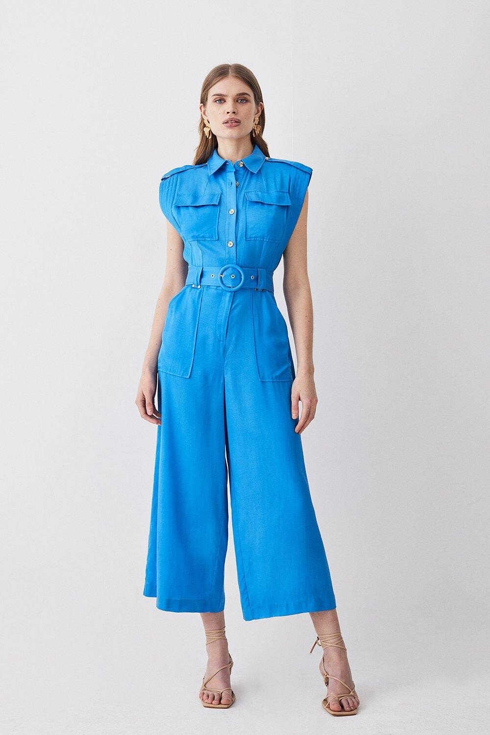 

Льняной вискозный комбинезон Petite с поясом и отстрочкой Karen Millen, синий