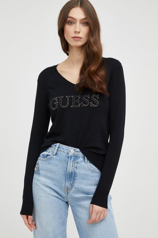 Свитер Guess, черный пуловер с v образным вырезом из трикотажа с начесом s черный