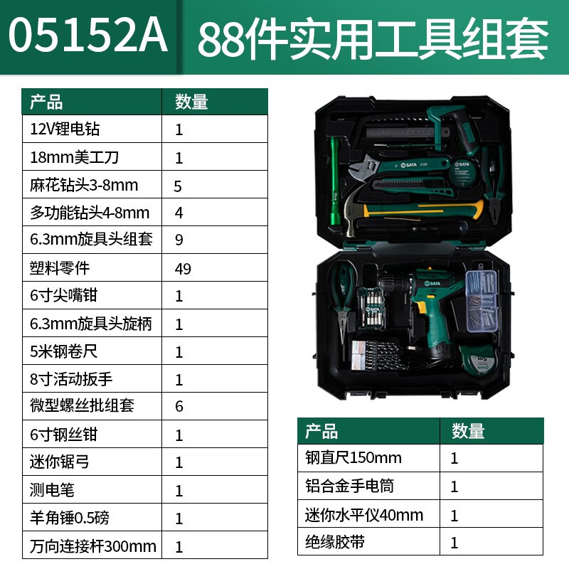 SATA 05152A бытовая фурнитура, набор инструментов из 88 предметов, набор инструментов для ремонта, перезаряжаемая электрическая дрель, литиевая электрическая ручная дрель (05152A), практичный набор инструментов из 88 предметов