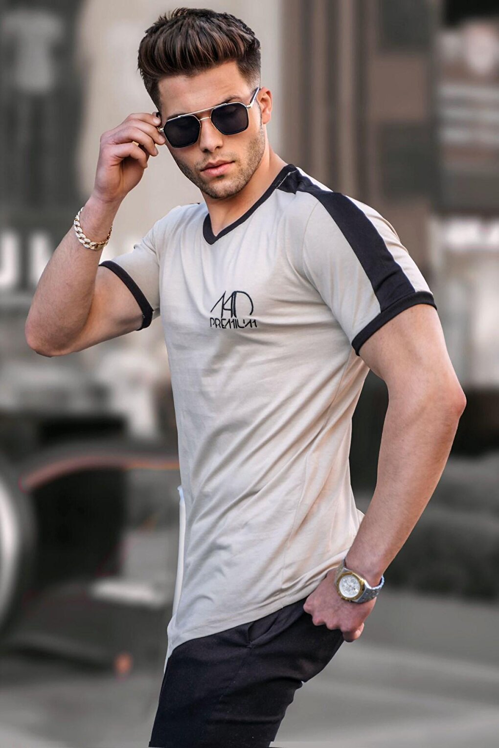 Бежевая мужская футболка с принтом Madmext 4472 MADMEXT
