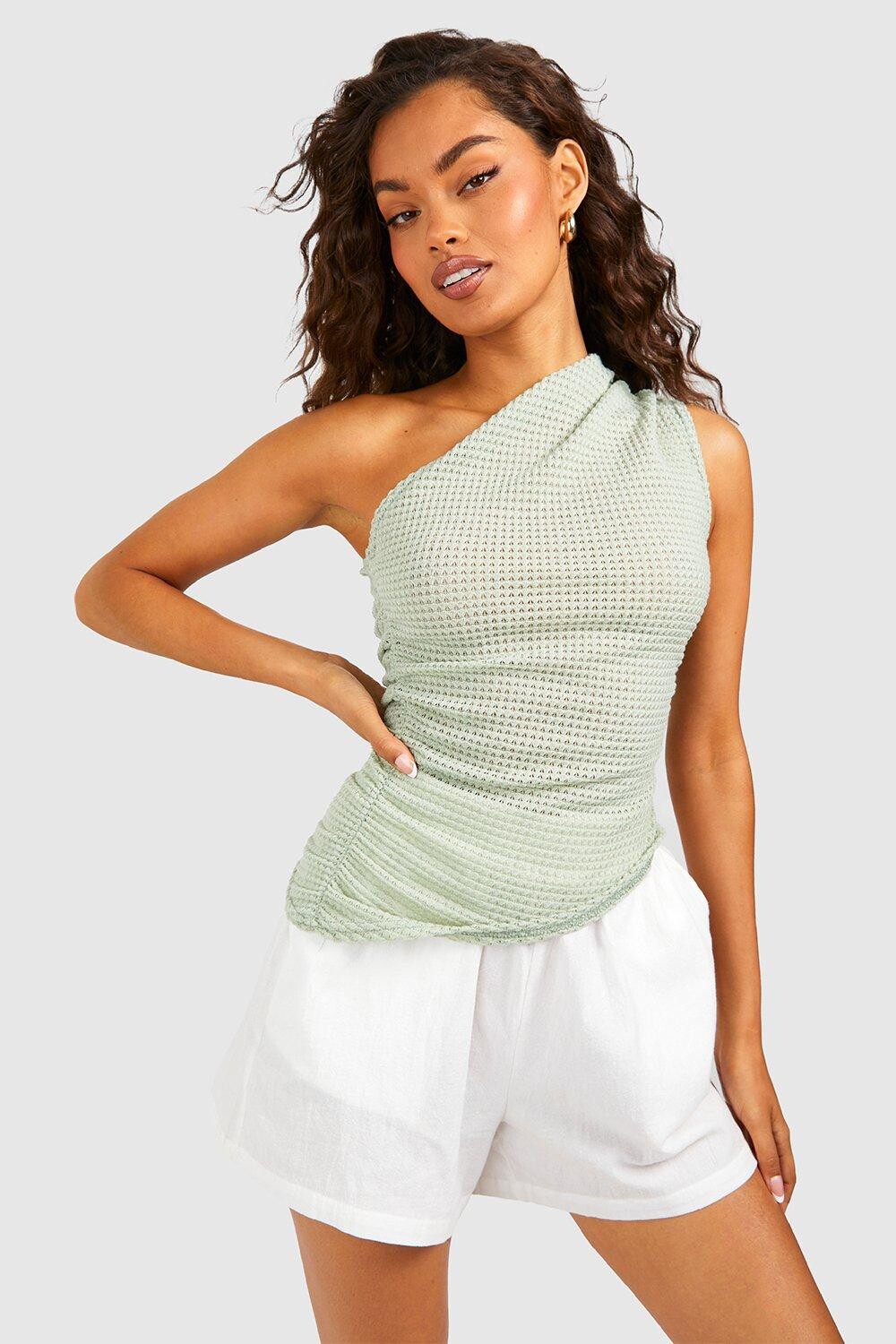 

Топ текстурированный на одно плечо Boohoo, шалфей