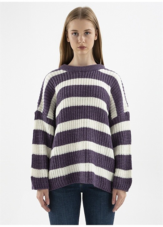 

Фиолетовый женский свитер в полоску оверсайз с круглым вырезом Fashion Friends