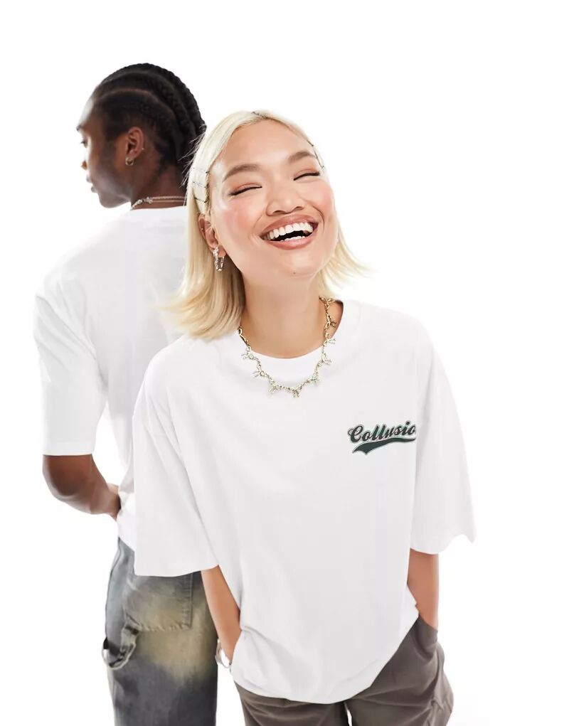 Белая футболка унисекс COLLUSION с логотипом колледжа цена и фото