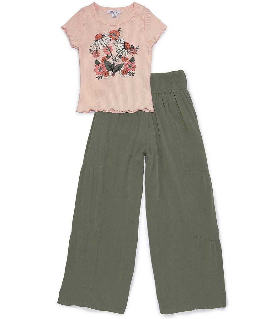 condie ally reached Комплект футболки в рубчик с короткими рукавами и однотонными широкими брюками Ally B для больших девочек 7–16 лет с цветочным мотивом, зеленый