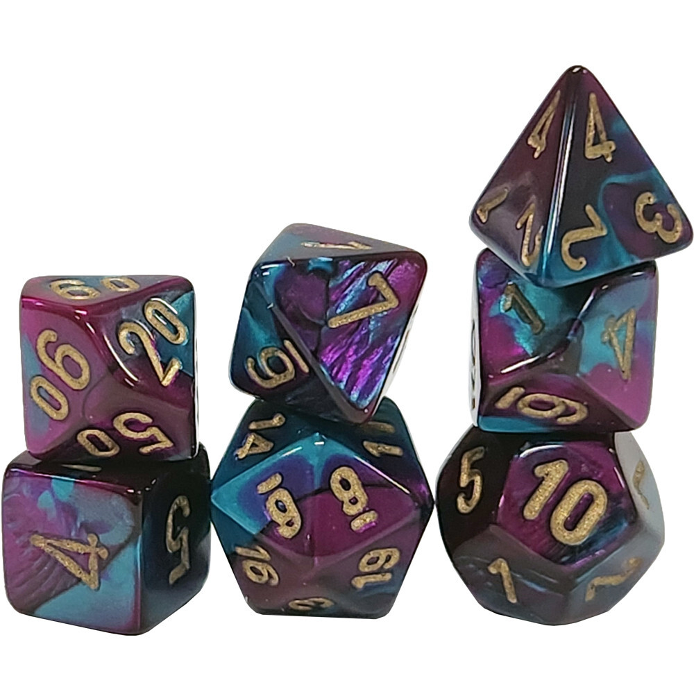 

Аксессуары Chessex Chessex Mini Dice Set: Gemini - Purple-Teal w/ Gold (7)
