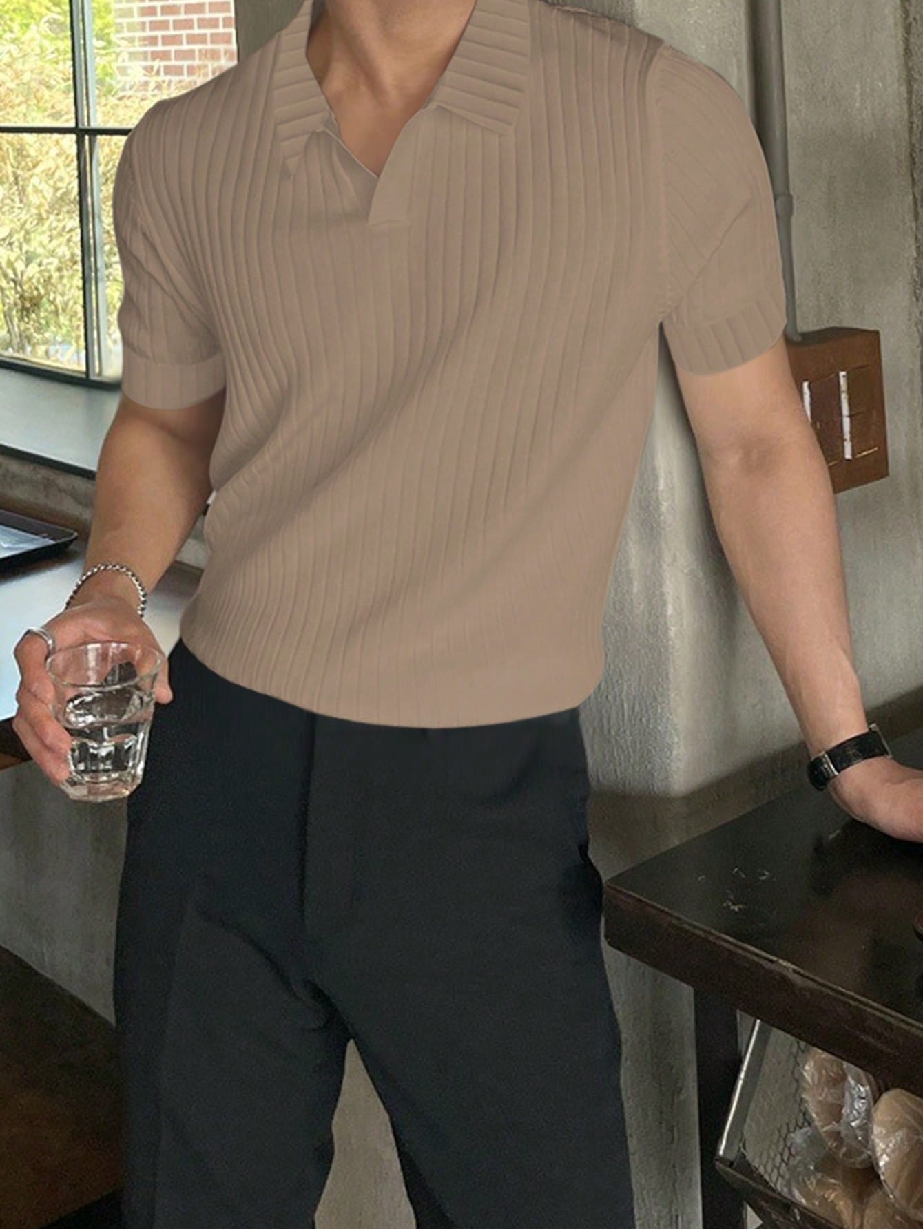 Мужская однотонная рубашка-поло в рубчик Manfinity Hypemode, абрикос цена и фото