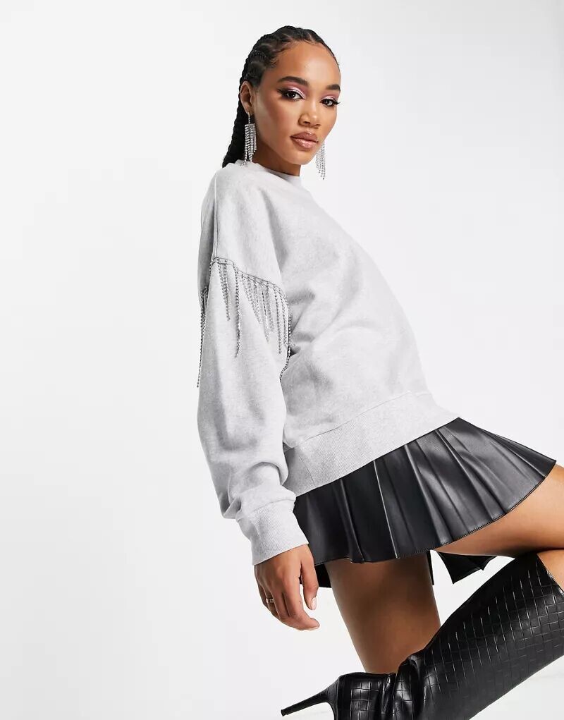 

Толстовка оверсайз серого цвета с бахромой из стразов ASOS