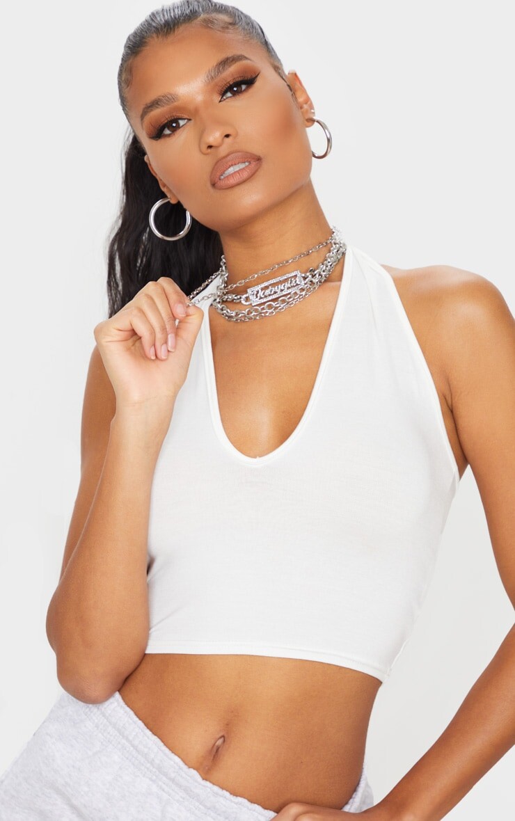 

PrettyLittleThing Базовый укороченный топ белого цвета из смесового хлопка с воротником халтер