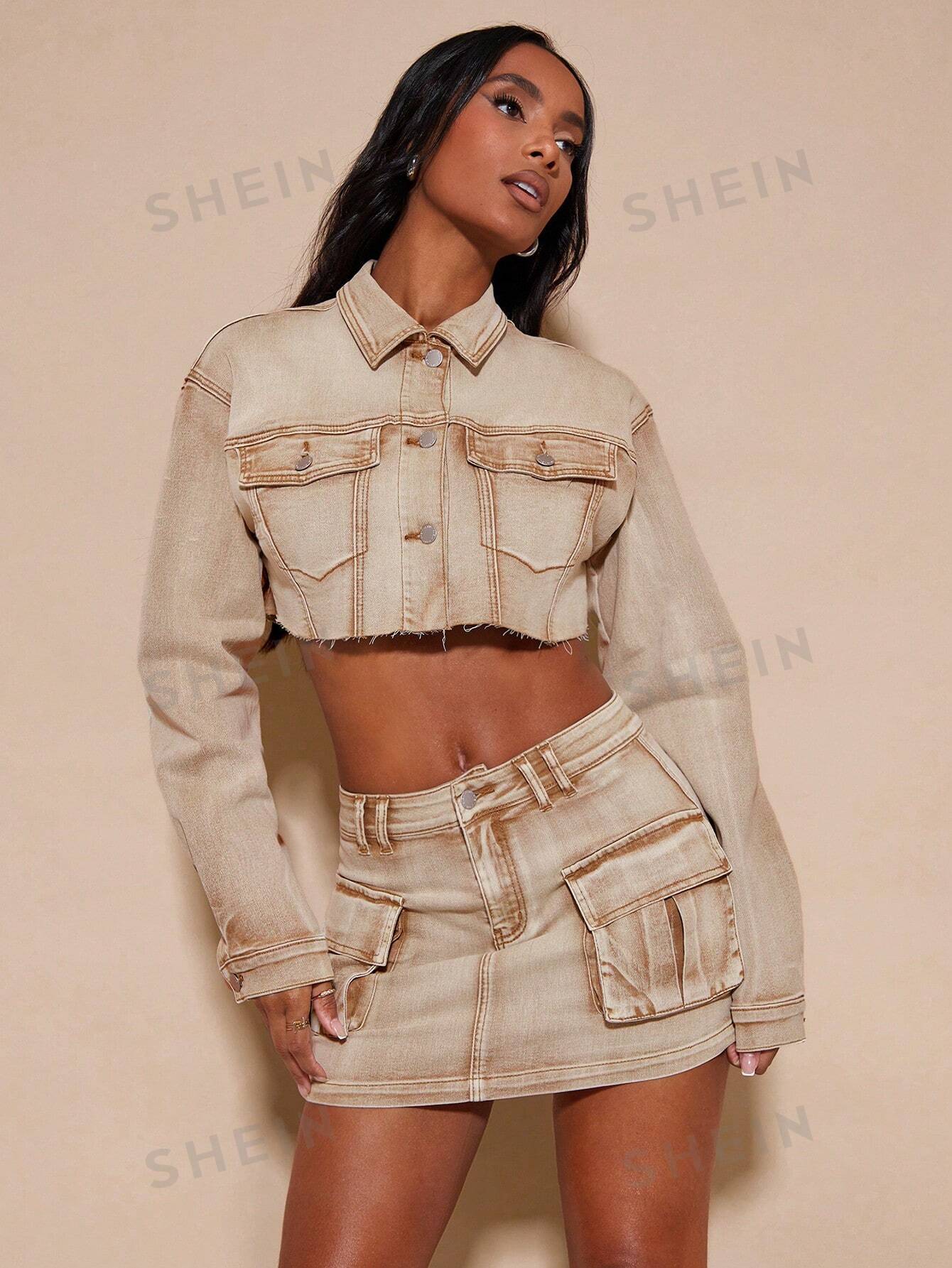 SHEIN BAE Короткая джинсовая куртка с пуговицами спереди и потертым краем, хаки цена и фото