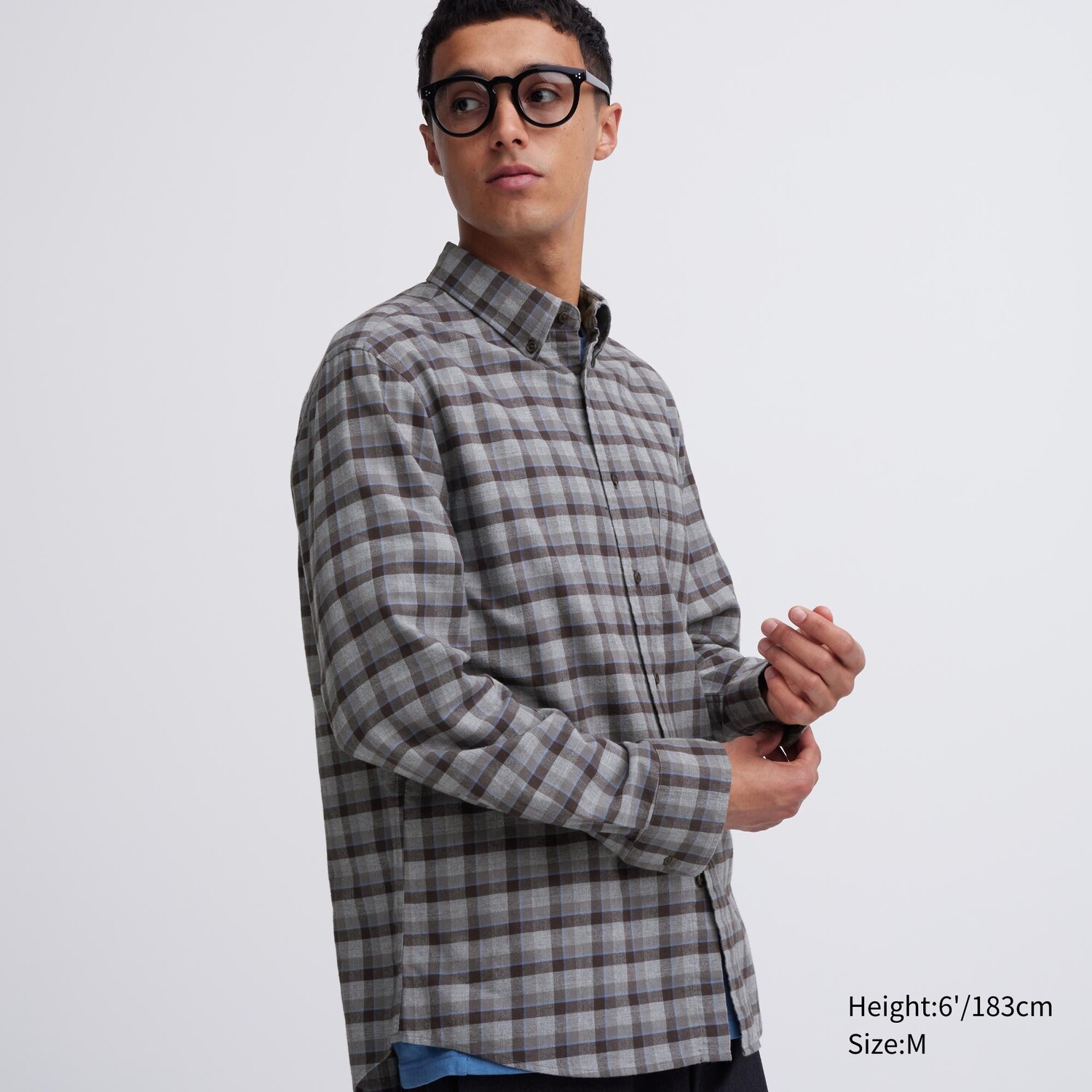 

Фланелевая рубашка стандартного кроя в клетку (воротник на пуговицах) Uniqlo, серый
