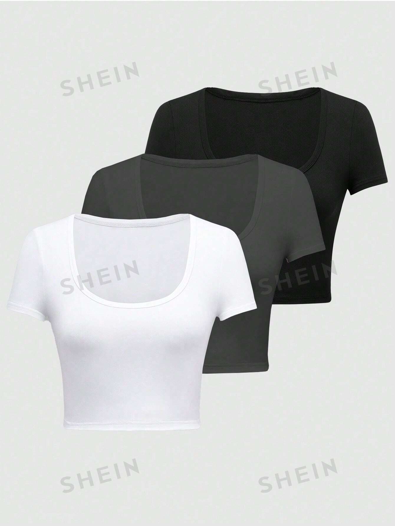 3шт однотонная приталенная футболка с круглым вырезом и короткими рукавами, многоцветный