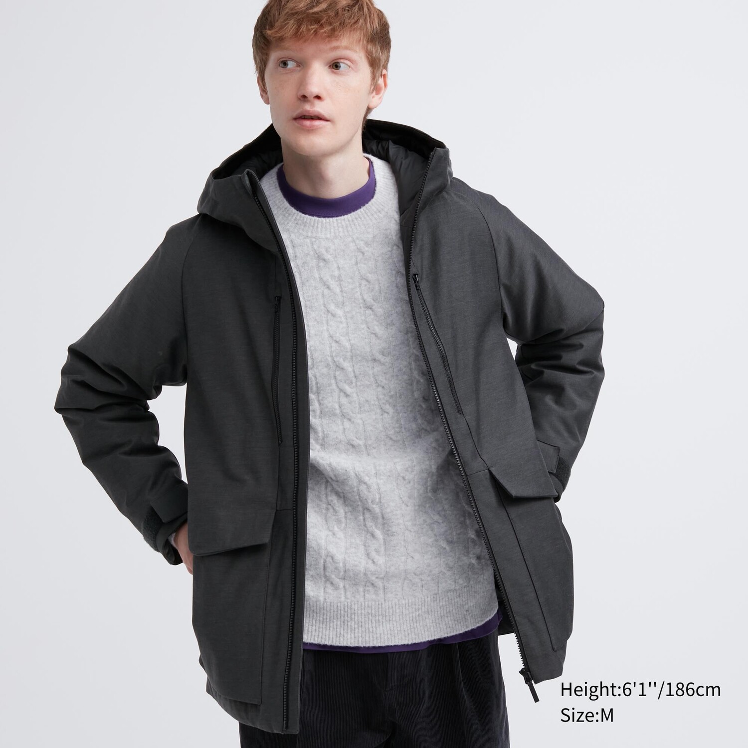 

3d гибридная парка с капюшоном из перо UNIQLO, темно-серый