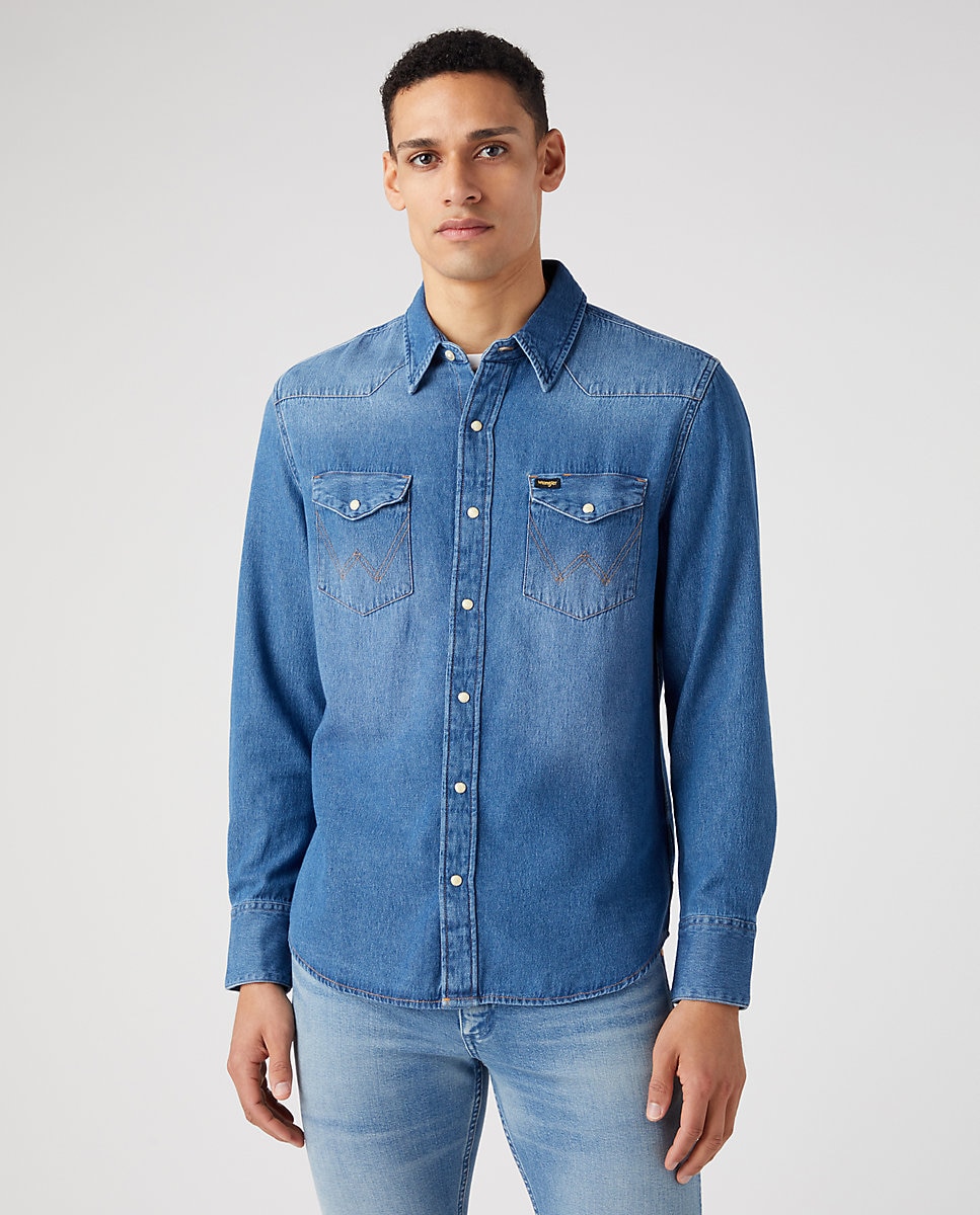 рубашка джинсовая wrangler riggs 4x Приталенная мужская синяя джинсовая рубашка Wrangler, синий