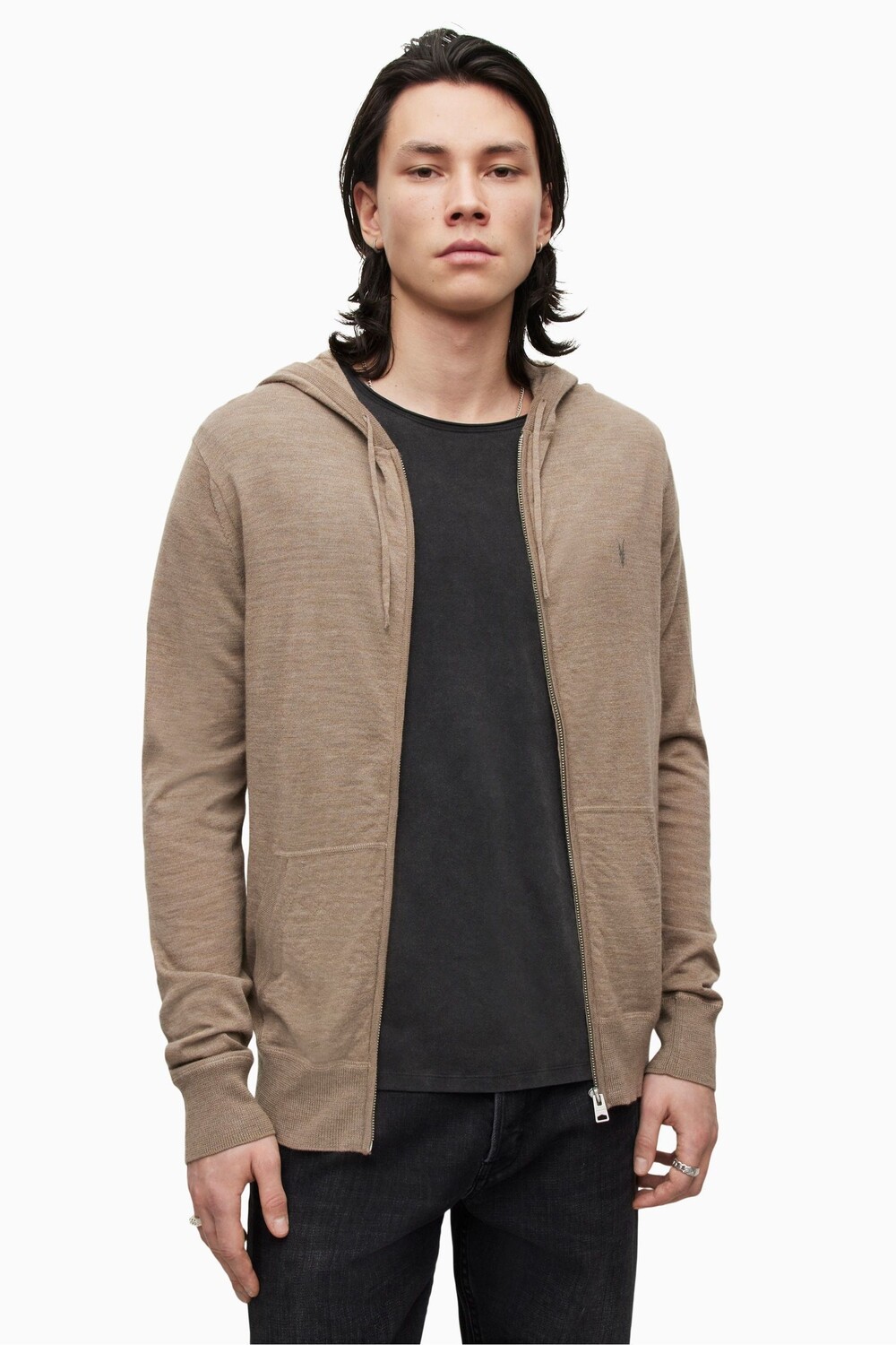

Кремовое худи AllSaints Mode из шерсти мериноса на молнии All Saints, бежевый