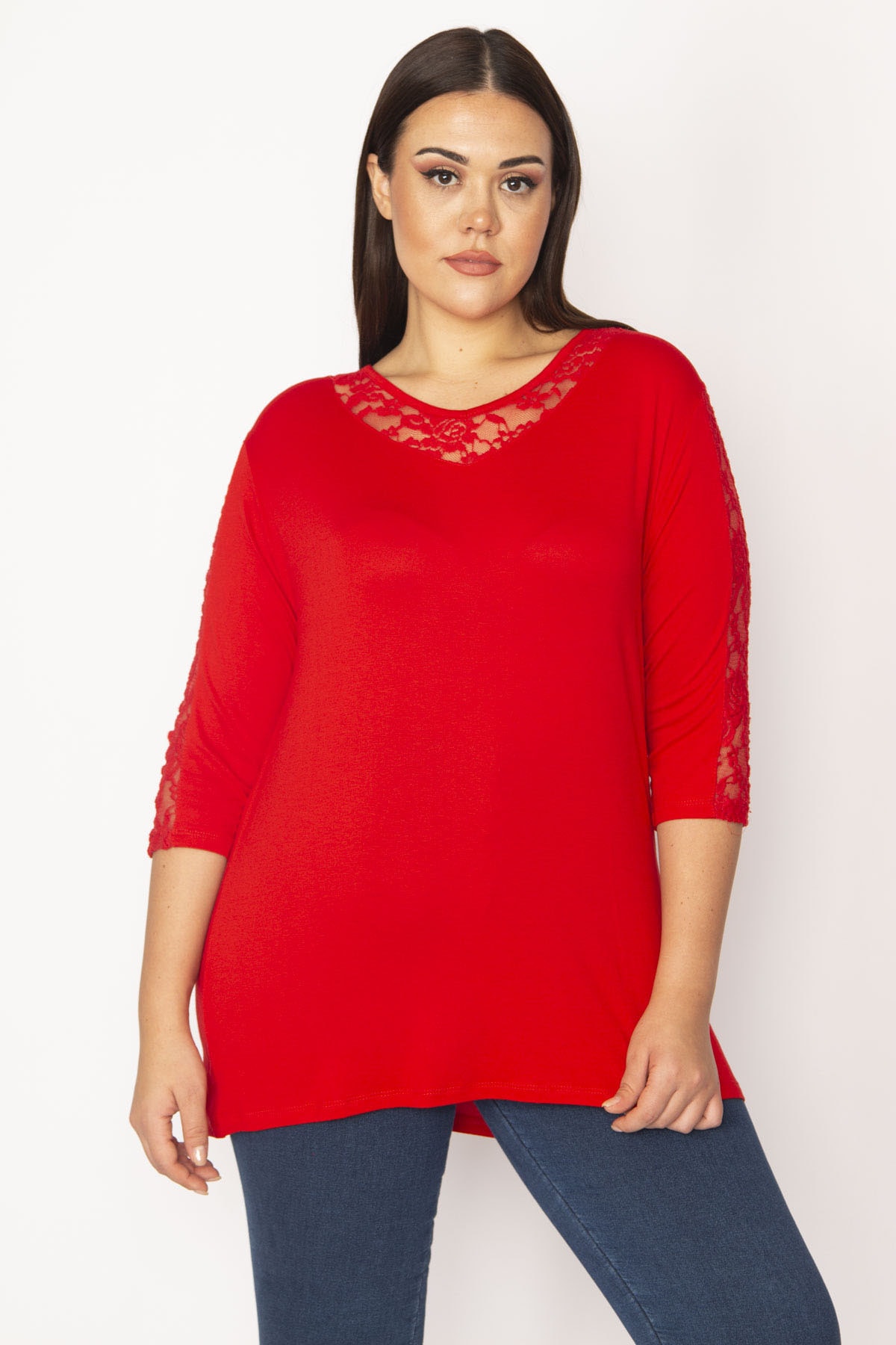 Женская красная кружевная блузка большого размера с деталями 65n29533 Şans, красный женская желтая блузка большого размера с боковым разрезом спереди şans желтый