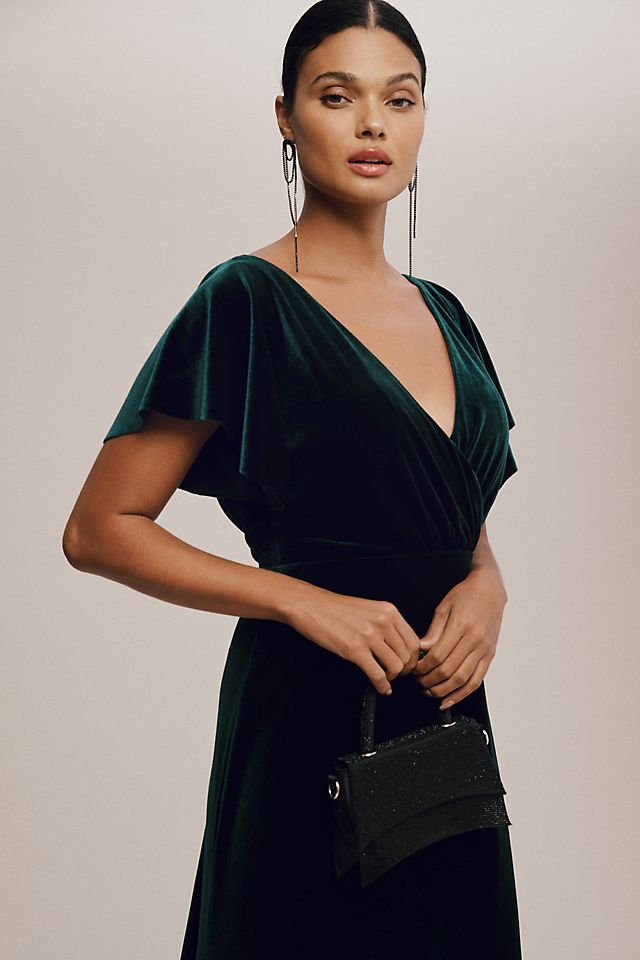 Бархатное платье Jenny Yoo Ellis эластичное с открытыми рукавами и открытой спиной, dark emerald женское облегающее платье с глубоким v образным вырезом