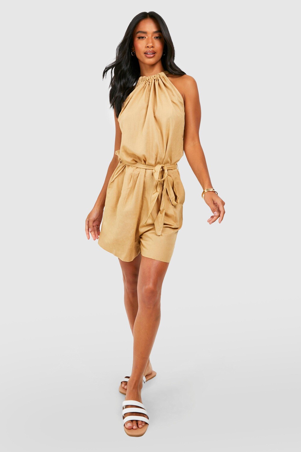 

Льняной комбинезон petite с поясом Boohoo, серый
