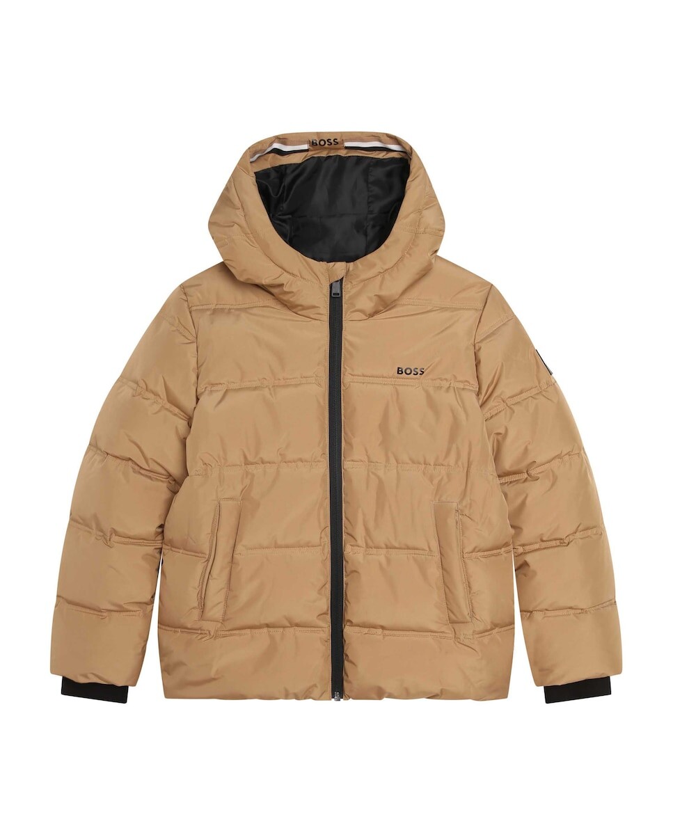 

Пуховик для мальчика с капюшоном и застежкой-молнией BOSS Kidswear, светло-коричневый