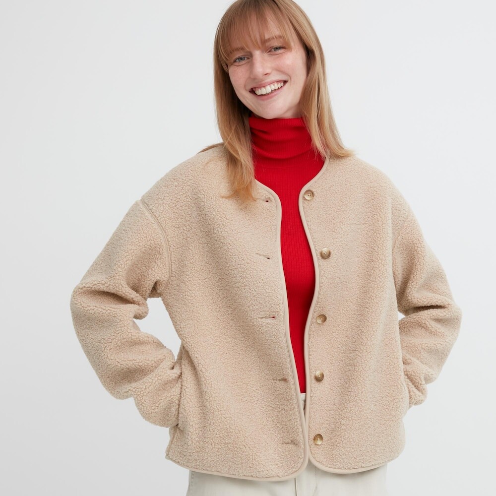 

Кардиган Uniqlo с круглым вырезом из искусственного шерпа с длинными рукавами, бежевый