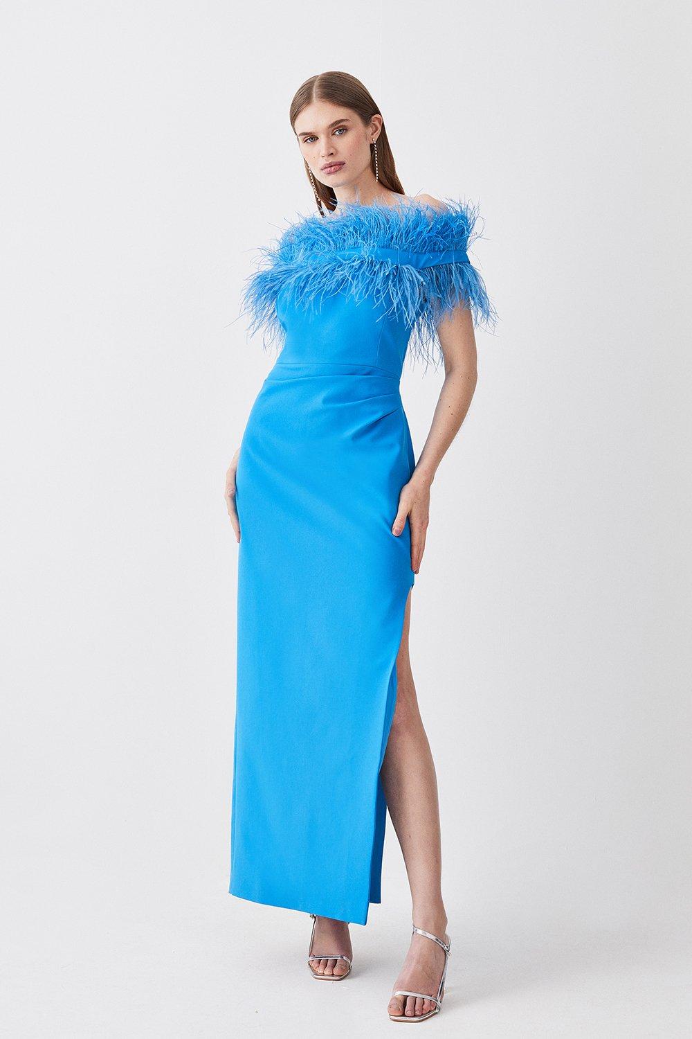 Приталенное платье макси из эластичного крепа с вырезами и вырезами из перьев Karen Millen, синий