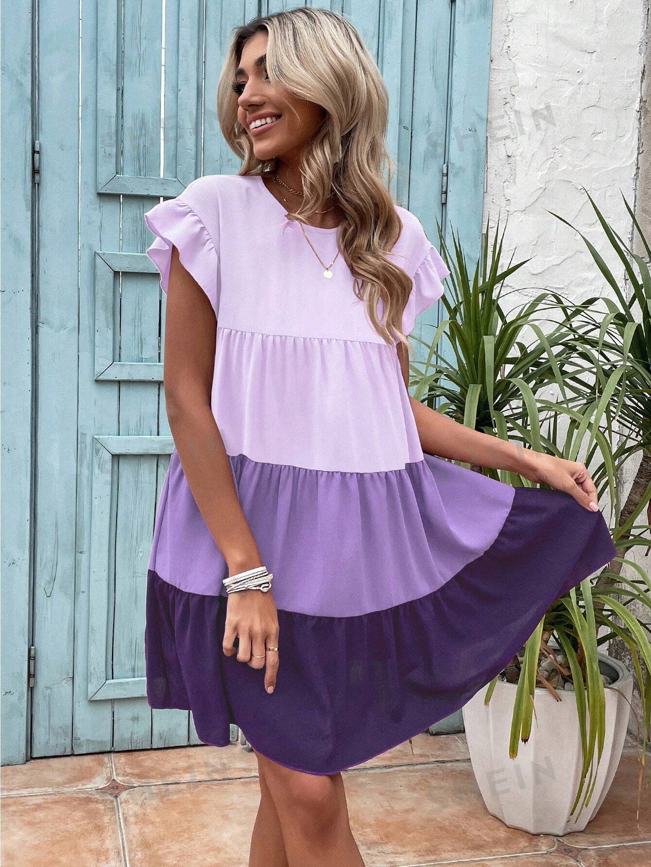 SHEIN LUNE Женское платье Babydoll с круглым вырезом и рюшами в цветных блоках, фиолетовый
