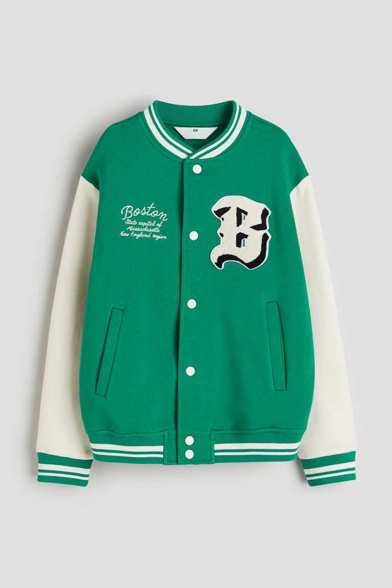 Бейсбольная куртка с мотивами H&M, зеленый мужская бейсбольная куртка с вышивкой dazy на осень и зиму светло серый