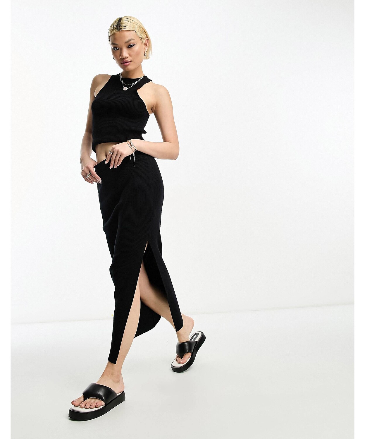 

Черная трикотажная юбка мидакси в рубчик ASOS DESIGN co-ord
