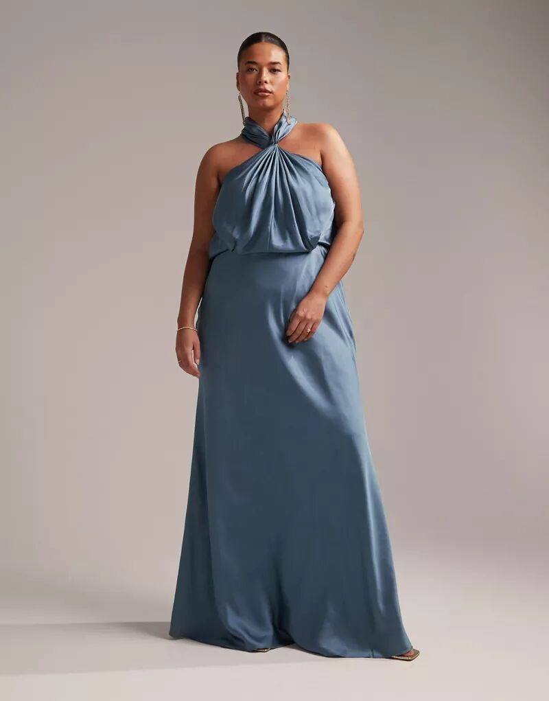 Темно-синее атласное платье макси со сборками и воротником-бретелькой ASOS DESIGN Bridesmaid Curve темно синее атласное платье макси со сборками и воротником бретелькой asos bridesmaid