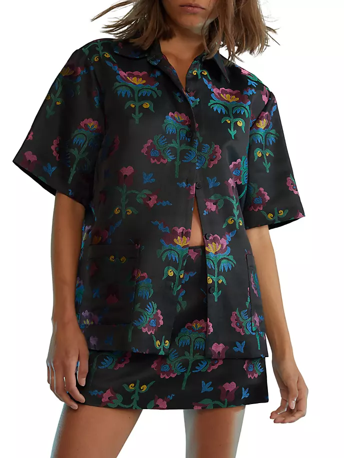 Жаккардовая рубашка с цветочным принтом Cynthia Rowley, черный цена и фото