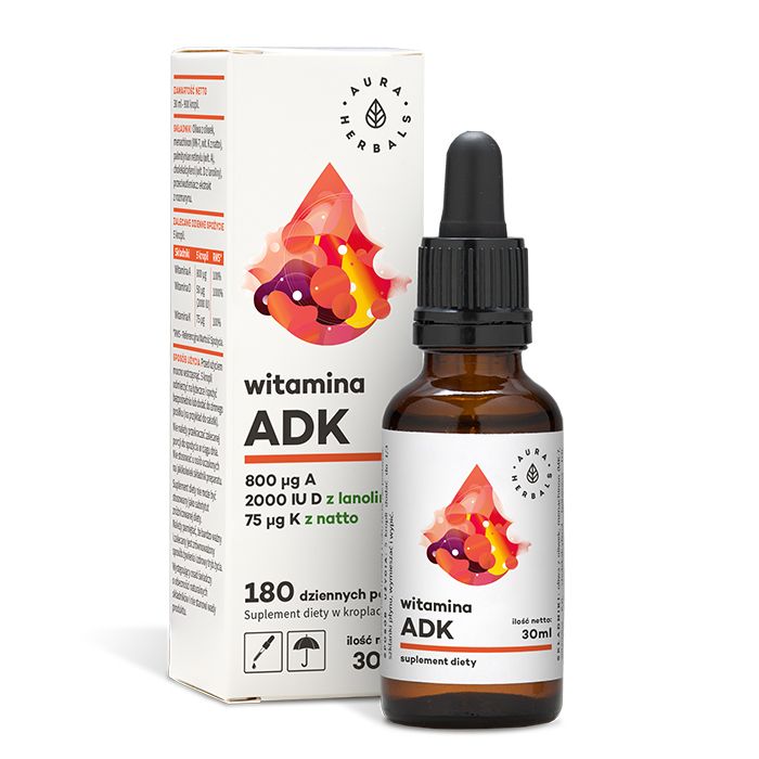 Витамины в каплях Aura Herbals Witamina „ADK” A + D3 (2000 IU) + K2MK7 Krople, 30 мл solaray витамин к 2 менахинон 7 30 вегетарианских капсул 50 мкг