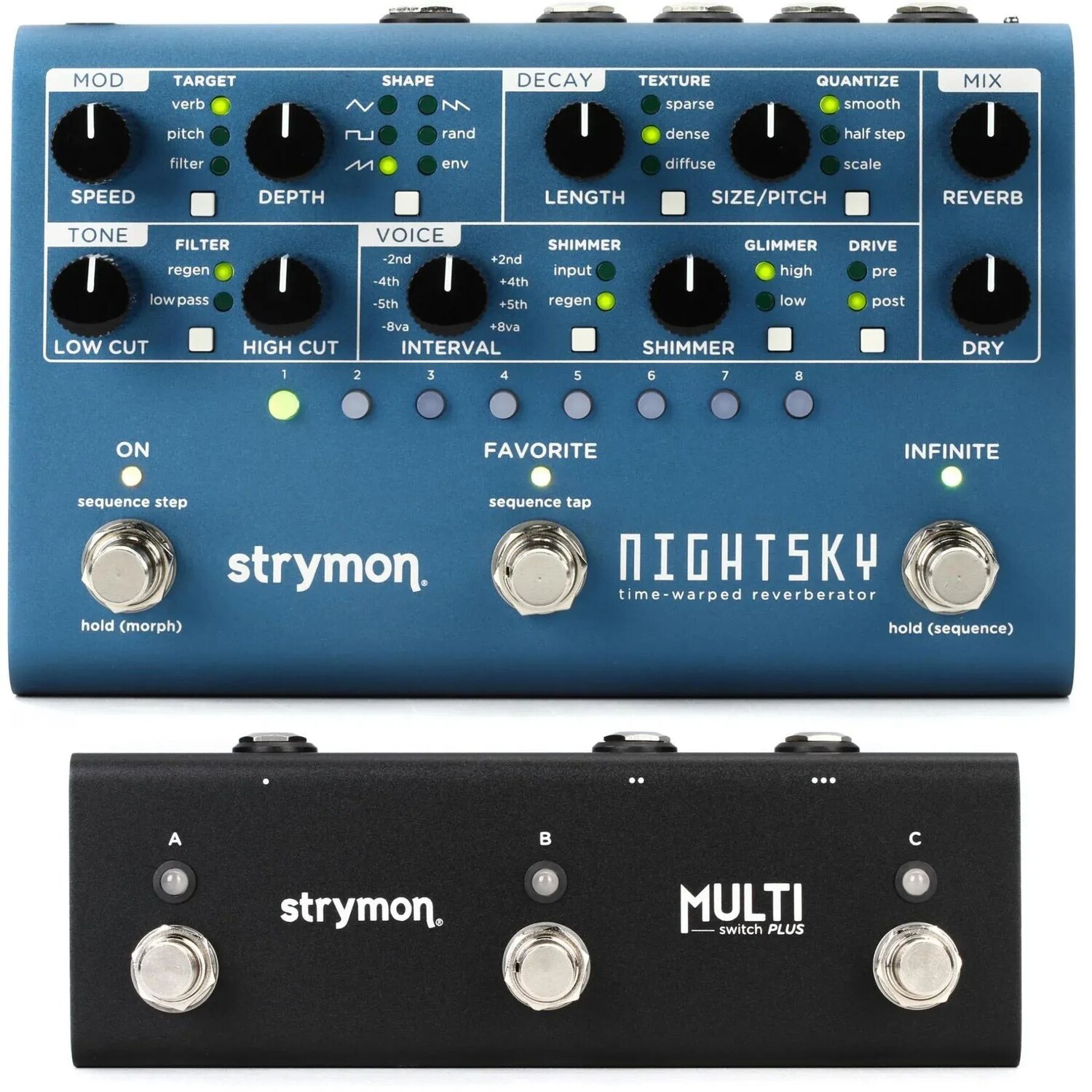 

Искаженная во времени педаль ревербератора Strymon NightSky и пакет Multi Switch Plus Pack