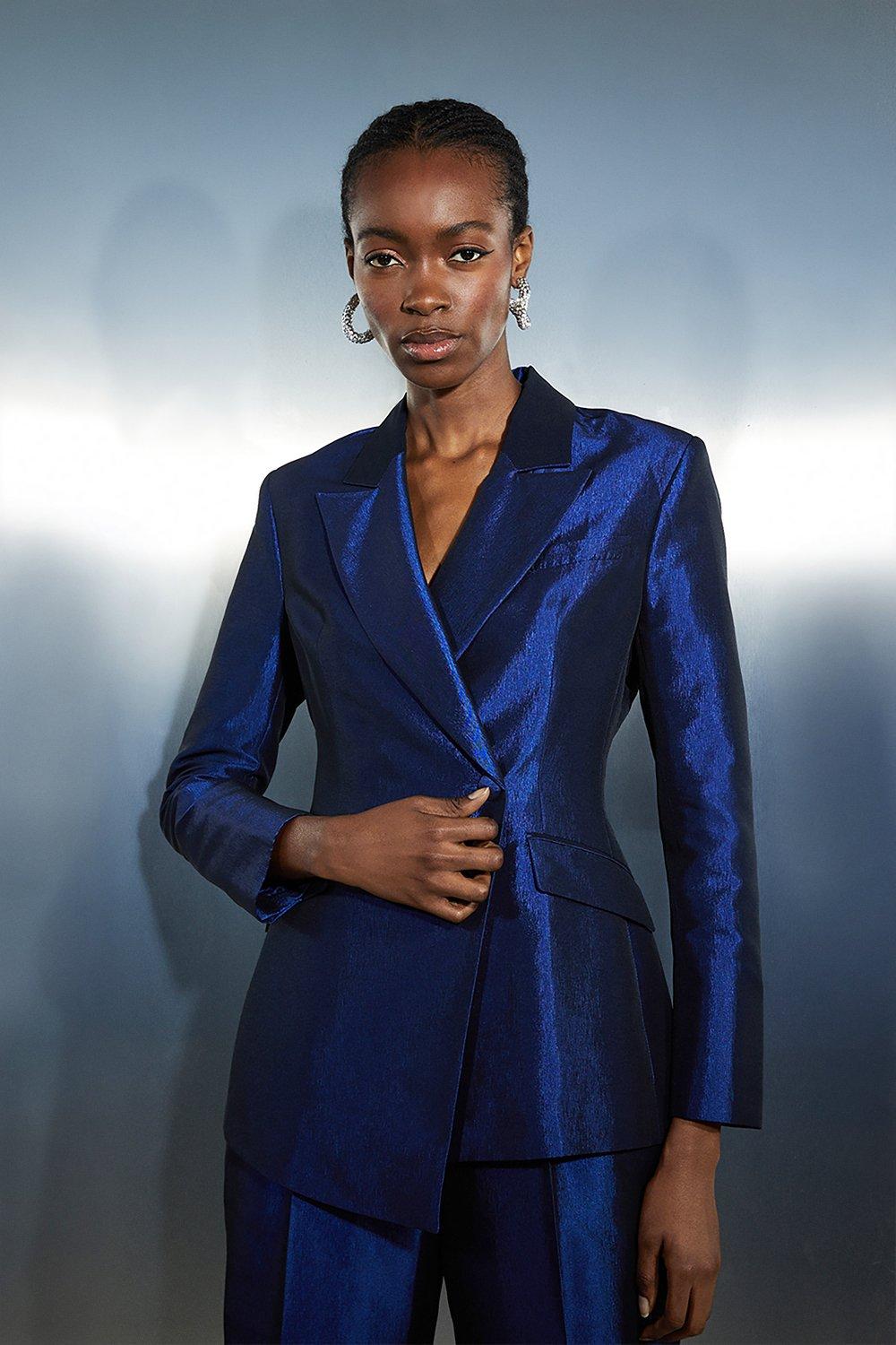 Асимметричный пиджак металлизированного силуэта Karen Millen, темно-синий