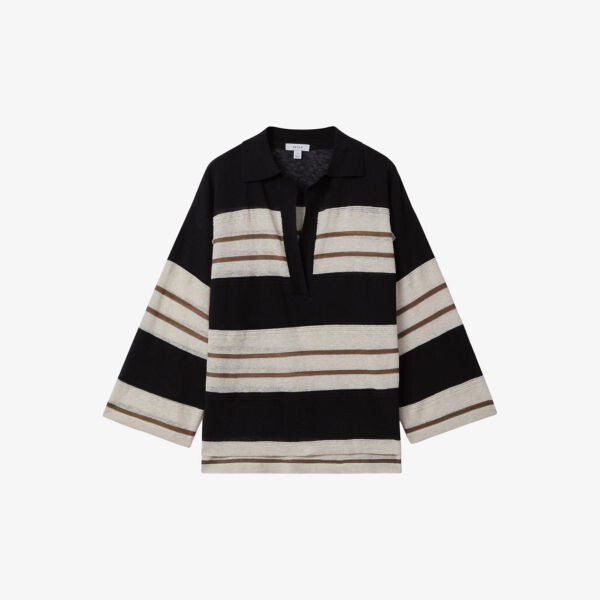 

Полосатый топ chloe из хлопка и льна с открытым воротником Reiss, черный