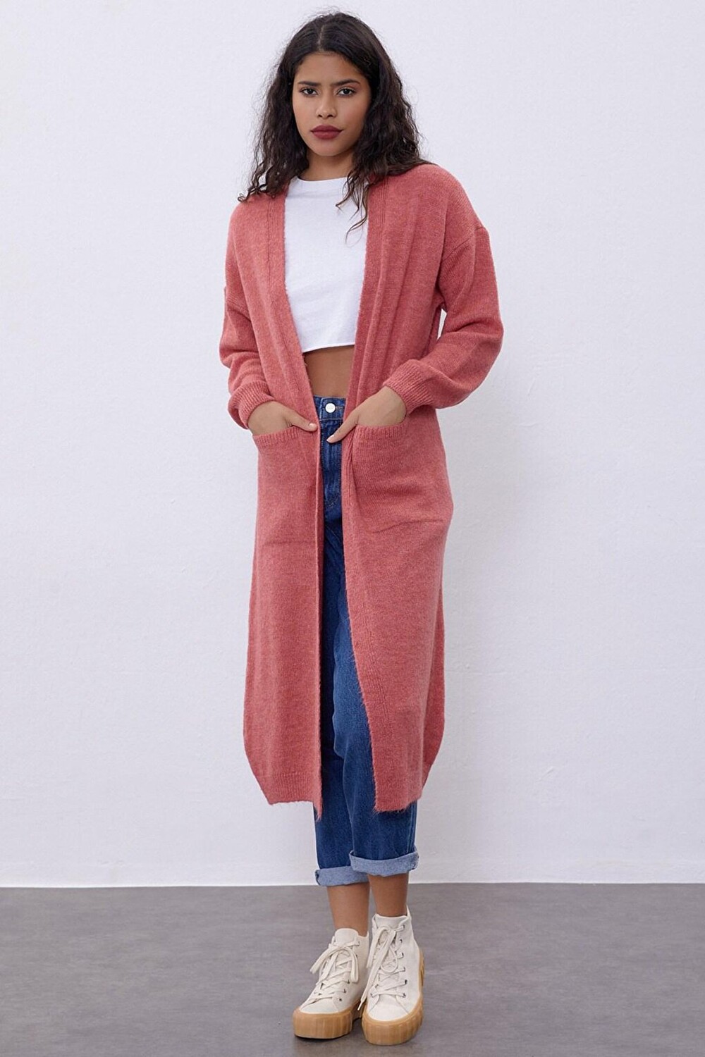

Темно-розовый длинный трикотажный кардиган SWC4312KP Sherin