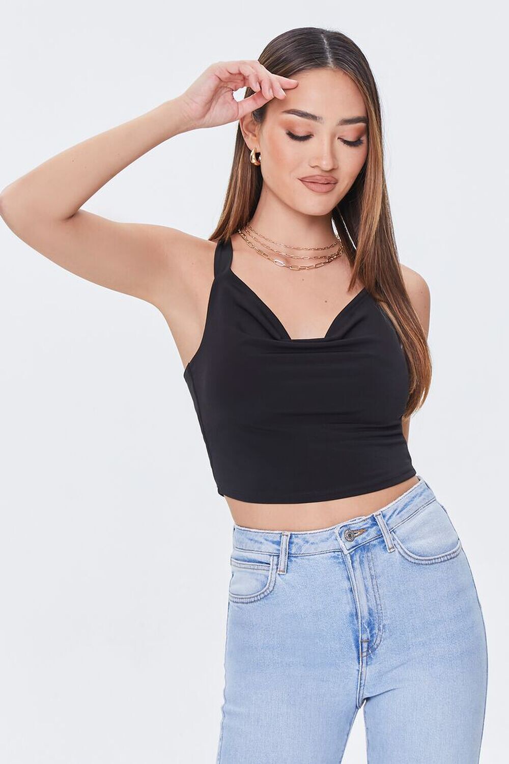 

Укороченный топ со сборками и воротником-хомутом Forever 21, черный