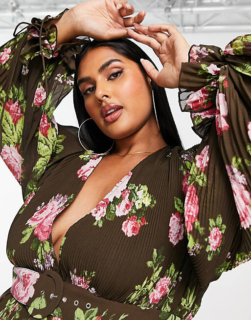 

Платье миди со складками и поясом с цветочным принтом ASOS DESIGN Curve