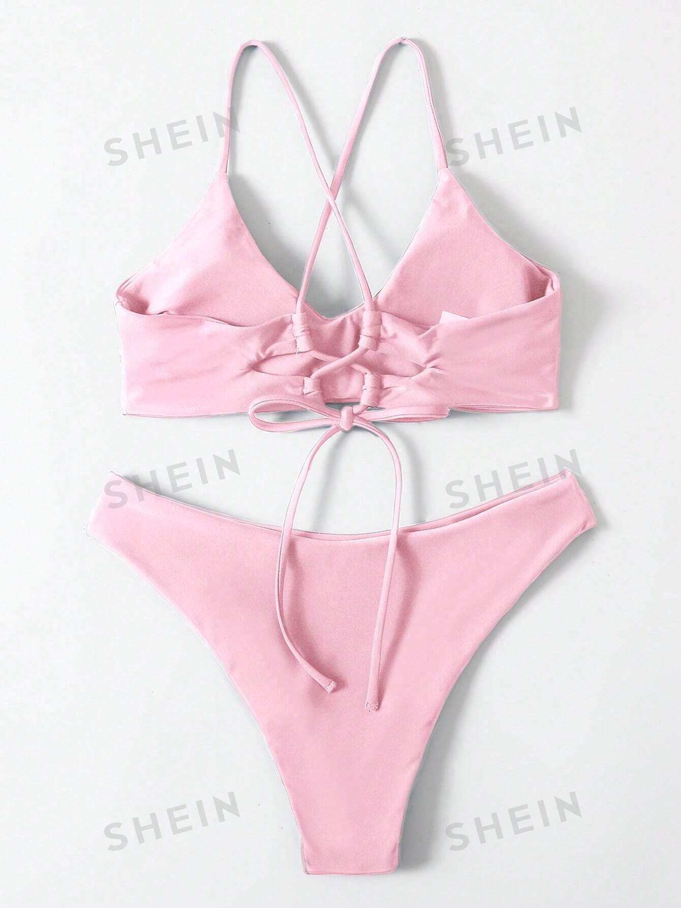 цена SHEIN Swim Basics Женский купальник бикини с лямками на спине, детский розовый