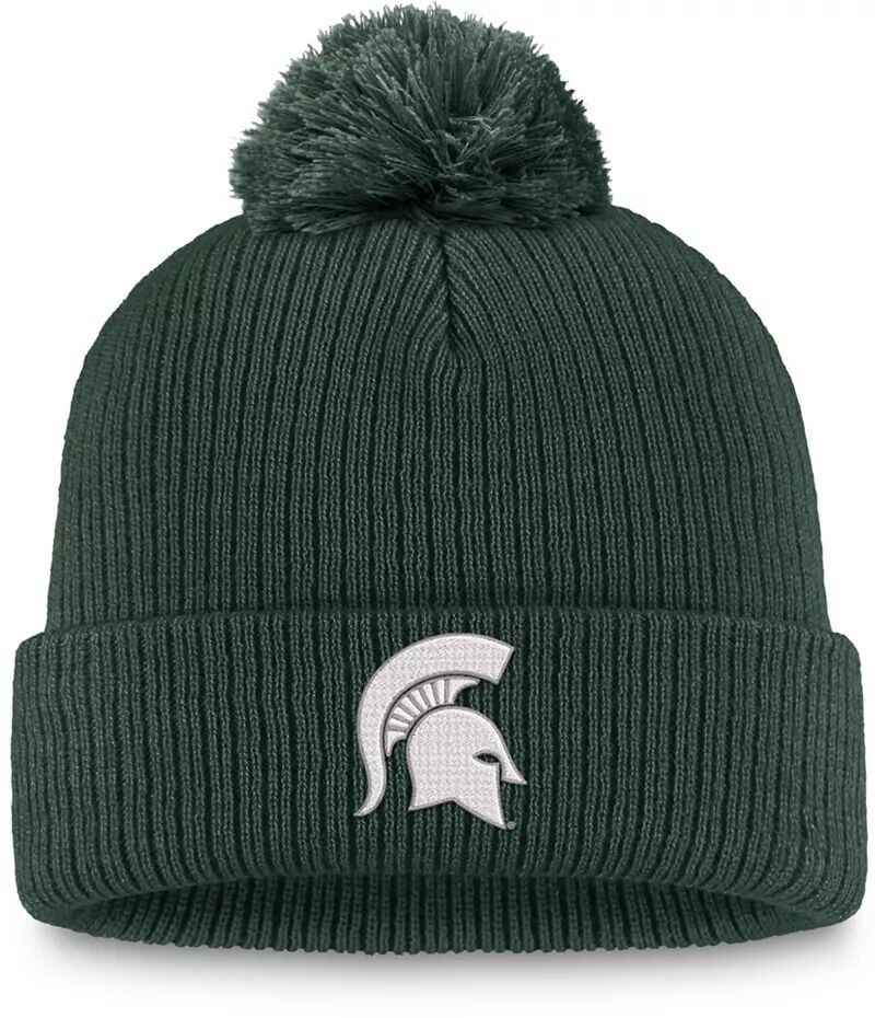 

Зеленая вязаная шапка Top of the World Michigan State Spartans с манжетами и помпонами