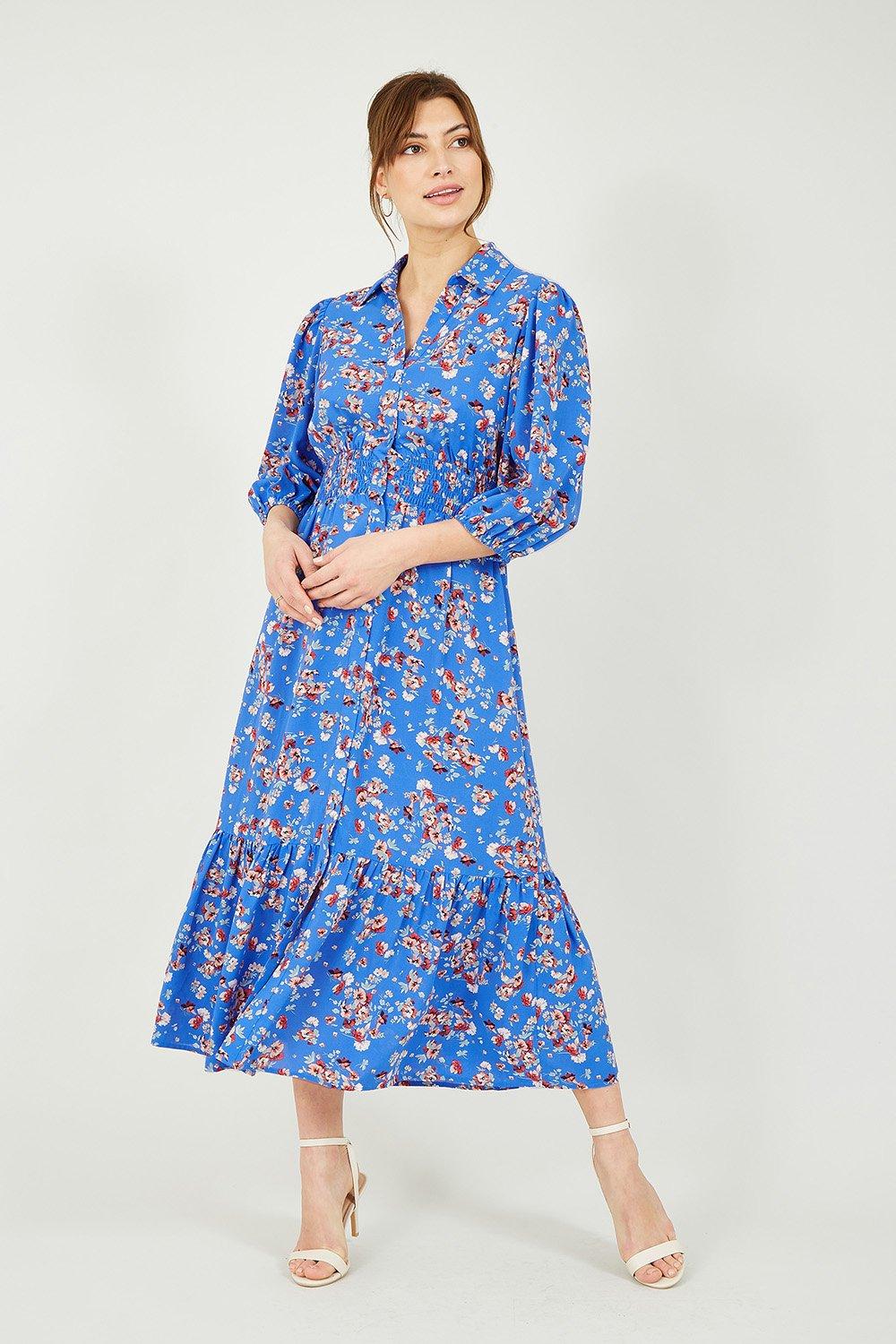 Синее платье-рубашка миди с цветочным принтом Yumi, синий платье миди рубашки с принтом yas с зелено сиреневым цветочным принтом