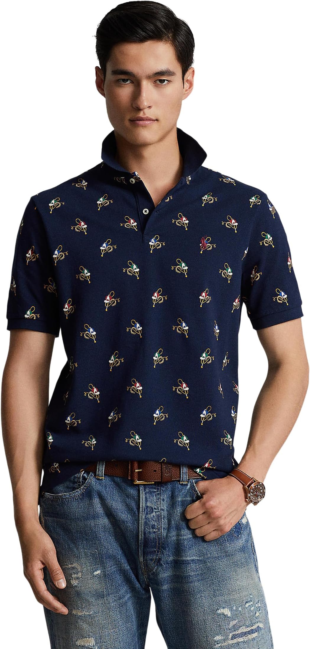 Рубашка-поло Classic Fit Printed Mesh Polo Shirt Polo Ralph Lauren, цвет Race Ready Newport Navy