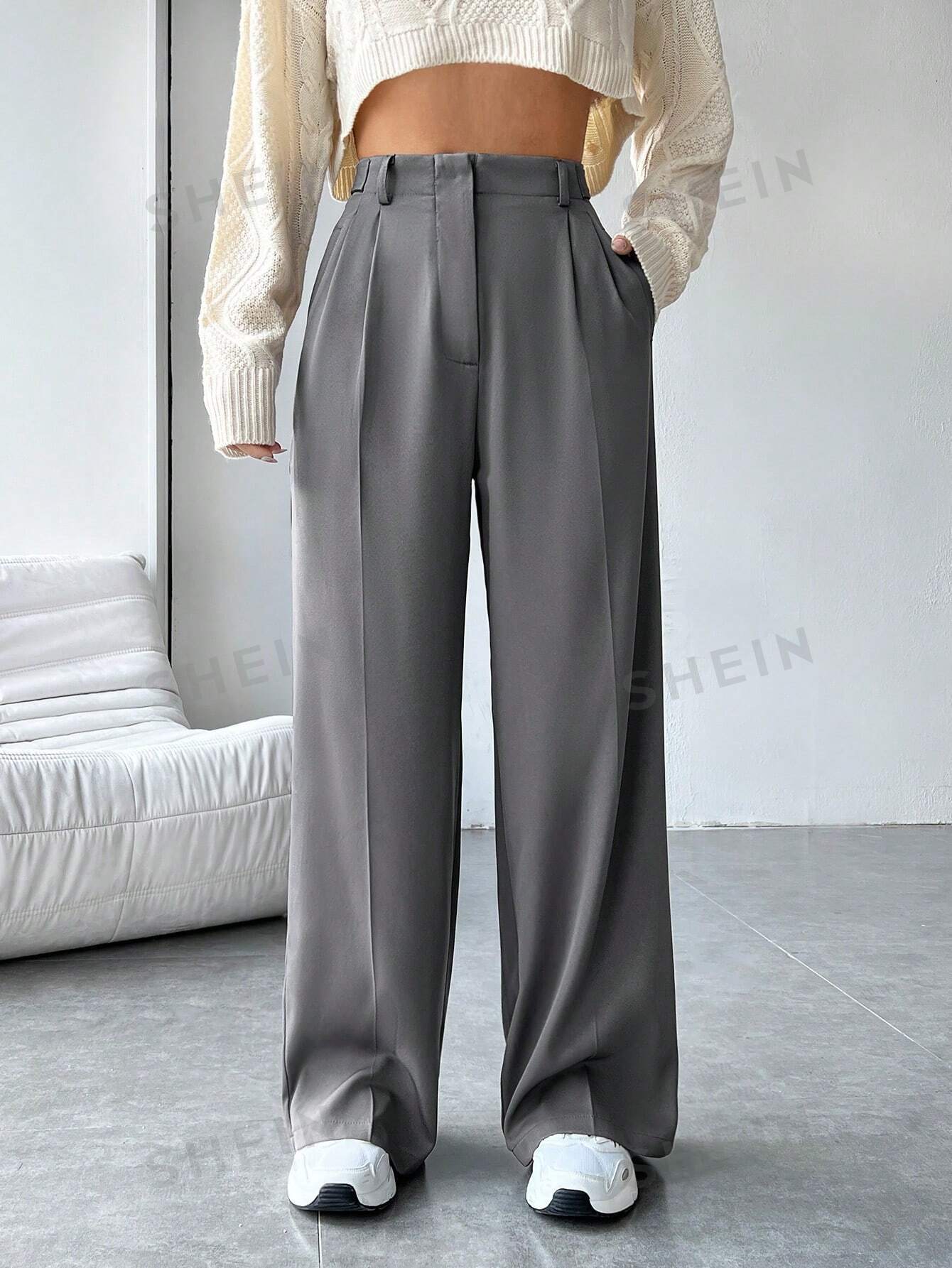 SHEIN EZwear Женские однотонные плиссированные костюмные брюки, темно-серый