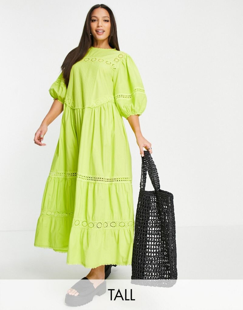 

Topshop — платье макси оверсайз зеленовато-желтого цвета, английская вышивка