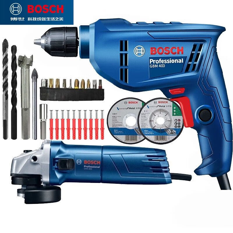 Дрель ручная электрическая Bosch GBM400 + шлифовальная машина Bosch GWS 800, насадки